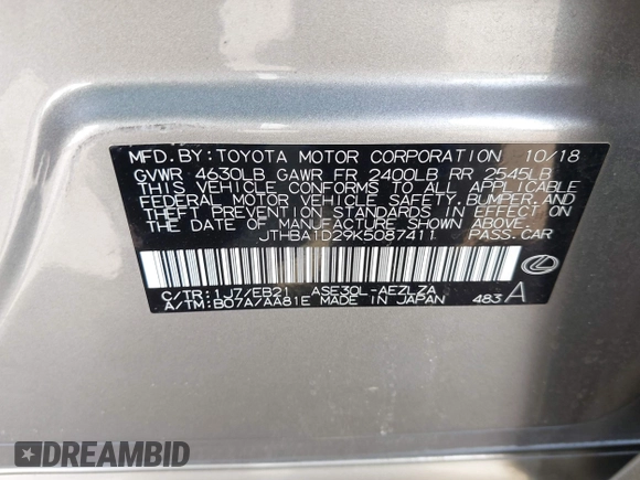 2019 Lexus IS 300 с VIN JTHBA1D29K5087411, выставлен на аукционе IAAI как лот 42508222 с пробегом 8 011 миль миль и . История ставок и продаж доступна на DreamBid. Изображение 9.