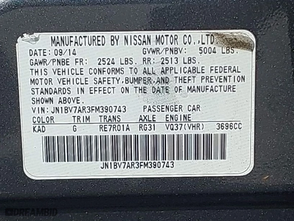 2015 Infiniti Q50 Premium with VIN JN1BV7AR3FM390743, listed as a IAAI auction lot 41990093 with 91,350 mi miles. Bid and sale history available at carsss.com. Image 9.