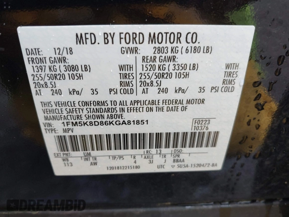 2019 Ford Explorer XLT с VIN 1FM5K8D86KGA81851, выставлен на аукционе IAAI как лот 42300021 с пробегом 54 486 миль миль и . История ставок и продаж доступна на DreamBid. Изображение 9.