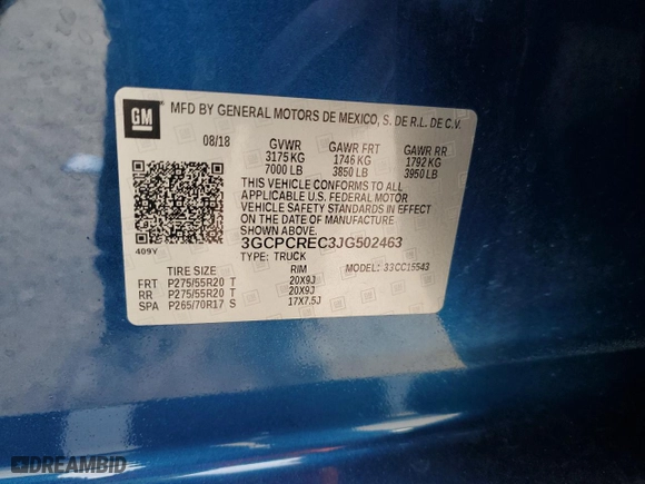 2018 Chevrolet Silverado 1500 LT with VIN 3GCPCREC3JG502463, listed as a Copart auction lot 89060275 with 0 mi miles and Salvage Title. Bid and sale history available at carsss.com. Image 12.