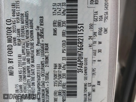 2016 Ford Fusion SE with VIN 3FA6P0H76GR211551, listed as a Copart auction lot 53727955 with 168,880 mi miles and Salvage Title. Bid and sale history available at carsss.com. Image 12.