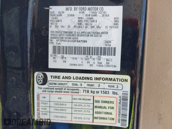 2009 Ford F-150 XL с VIN 1FTPW12VX9FB47089, выставлен на аукционе IAAI как лот 42117578 с пробегом 237 441 миль миль и . История ставок и продаж доступна на DreamBid. Изображение 9.