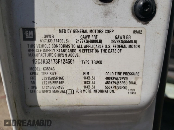 2003 Chevrolet Silverado 3500 LT with VIN 1GCJK33173F124661, listed as a Copart auction lot 53274815 with 349,872 mi miles and Salvage Title. Bid and sale history available at carsss.com. Image 12.