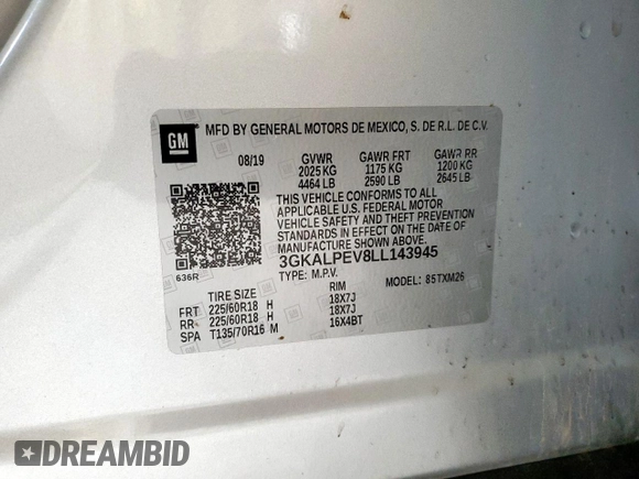 2020 GMC Terrain SLT z VIN 3GKALPEV8LL143945, wystawiony jako Copart lot #63500555 z przebiegiem 121 890 mil mil oraz Szkoda całkowita • Salvage title. Historia ofert i sprzedaży dostępna na DreamBid. Obrazek 14.