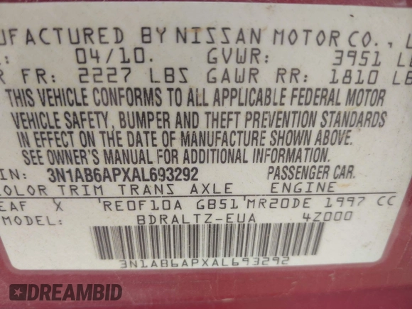 2010 Nissan Sentra S with VIN 3N1AB6APXAL693292, listed as a IAAI auction lot 42274597 with Not provided miles and . Bid and sale history available at DreamBid. Image 9.