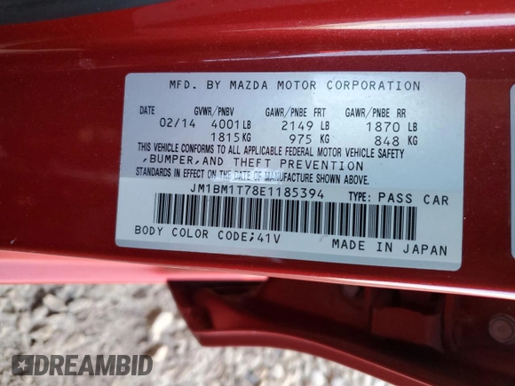 2014 Mazda 3 i SV with VIN JM1BM1T78E1185394, listed as a Copart auction lot 88788315 with 106,915 mi miles and Salvage Title. Bid and sale history available at DreamBid. Image 13.