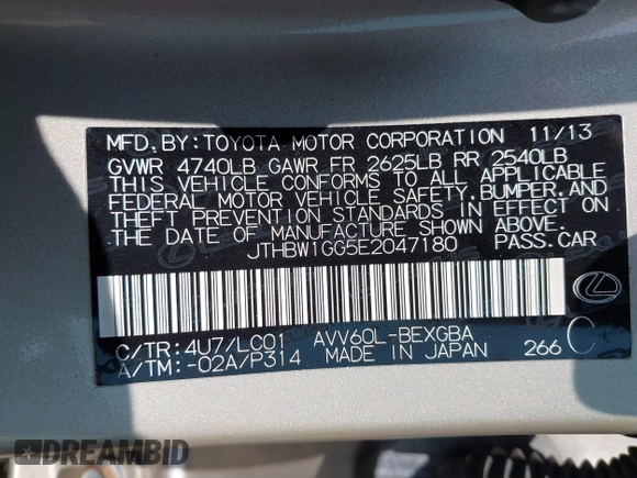 2014 Lexus ES 300h with VIN JTHBW1GG5E2047180, listed as a IAAI auction lot 42395421 with 103,262 mi miles and . Bid and sale history available at DreamBid. Image 9.