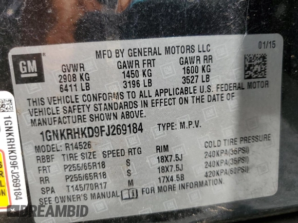 2015 Chevrolet Traverse LT with VIN 1GNKRHKD9FJ269184, listed as a Copart auction lot 64430895 with Not provided miles and Clean title. Bid and sale history available at DreamBid. Image 13.
