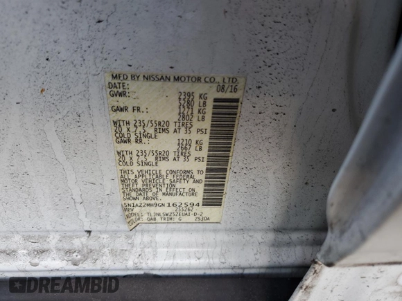 2016 Nissan Murano Platinum z VIN 5N1AZ2MH9GN162594, wystawiony jako Copart lot #46721015 z przebiegiem 99 086 mil mil oraz Szkoda całkowita • Salvage title. Historia ofert i sprzedaży dostępna na DreamBid. Obrazek 13.