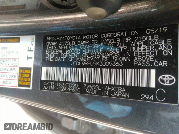 2019 Toyota Prius LE with VIN JTDL9RFU9K3009363, listed as a IAAI auction lot 41812912 with 28,442 mi miles and . Bid and sale history available at DreamBid. Image 9.