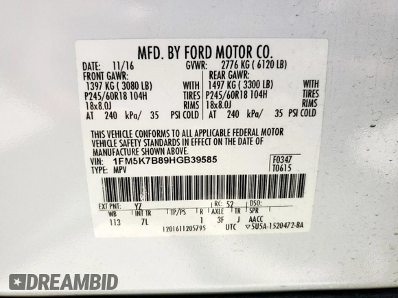 2017 Ford Explorer с VIN 1FM5K7B89HGB39585, выставлен на аукционе Copart как лот 61387015 с пробегом 73 044 миль миль и Списание • Salvage title. История ставок и продаж доступна на DreamBid. Изображение 14.