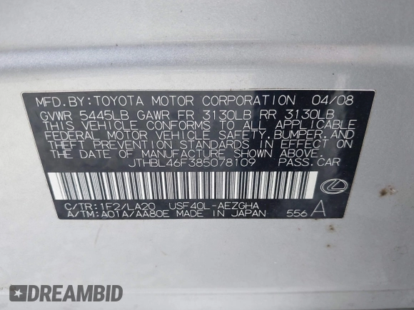 2008 Lexus LS 460 с VIN JTHBL46F385078109, выставлен на аукционе IAAI как лот 42325663 с пробегом Не указан миль и . История ставок и продаж доступна на DreamBid. Изображение 9.