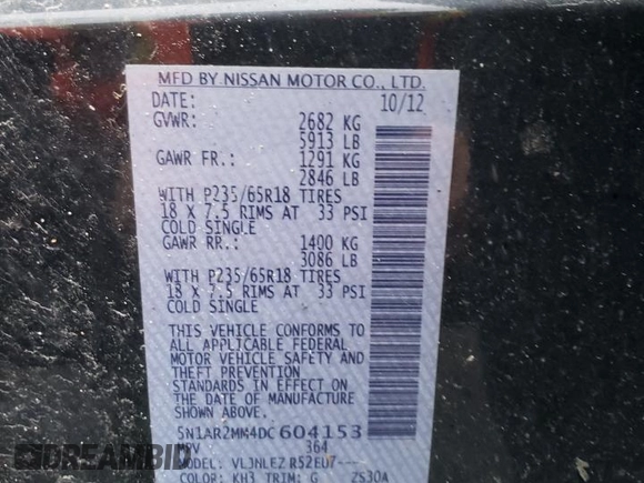 2013 Nissan Pathfinder Platinum with VIN 5N1AR2MM4DC604153, listed as a Copart auction lot 80937324 with 201,974 mi miles and Salvage Title. Bid and sale history available at carsss.com. Image 15.