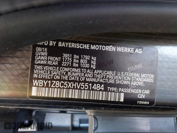 2017 BMW i3 with VIN WBY1Z8C5XHV551484, listed as a IAAI auction lot 42293232 with 74,082 mi miles and . Bid and sale history available at DreamBid. Image 9.