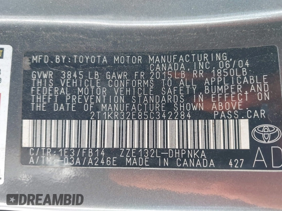 2005 Toyota Matrix STD with VIN 2T1KR32E85C342284, listed as a IAAI auction lot 41987434 with 280,984 mi miles and . Bid and sale history available at DreamBid. Image 9.