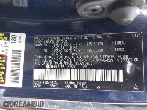 2021 Toyota Sienna XSE with VIN 5TDDRKEC9MS045558, listed as a IAAI auction lot 42428440 with 65,973 mi miles and . Bid and sale history available at DreamBid. Image 9.