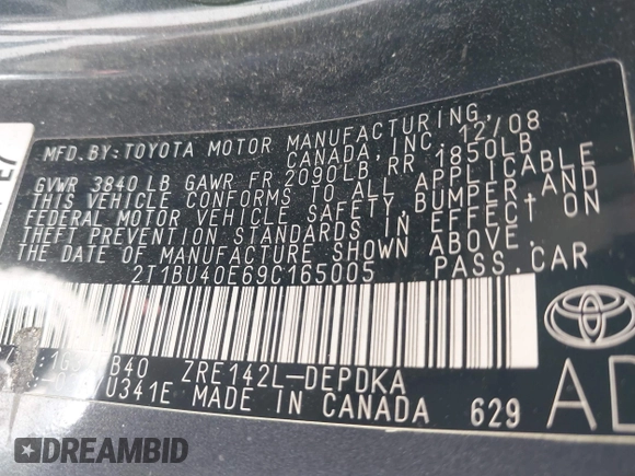 2009 Toyota Corolla with VIN 2T1BU40E69C165005, listed as a IAAI auction lot 42647087 with 150,587 mi miles and . Bid and sale history available at DreamBid. Image 9.