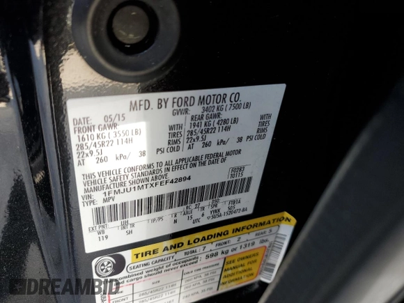 2015 Ford Expedition Platinum z VIN 1FMJU1MTXFEF42894, wystawiony jako Copart lot #51058815 z przebiegiem 130 673 mil mil oraz Szkoda całkowita • Salvage title. Historia ofert i sprzedaży dostępna na DreamBid. Obrazek 14.