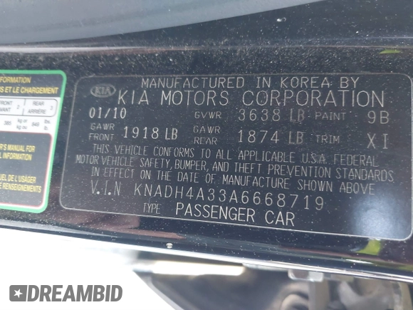 2010 Kia Rio LX with VIN KNADH4A33A6668719, listed as a IAAI auction lot 41777544 with 124,400 mi miles. Bid and sale history available at carsss.com. Image 9.