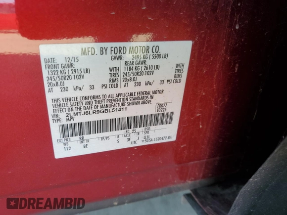 2016 Lincoln MKX Reserve with VIN 2LMTJ6LR9GBL51411, listed as a Copart auction lot 51974655 with 26,018 mi miles and Clean Title. Bid and sale history available at DreamBid. Image 13.