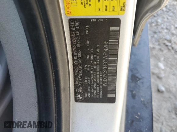 2007 BMW X3 3.0si with VIN WBXPC93437WF14205, listed as a Copart auction lot 59057185 with 205,468 mi miles and Salvage title. Bid and sale history available at DreamBid. Image 12.