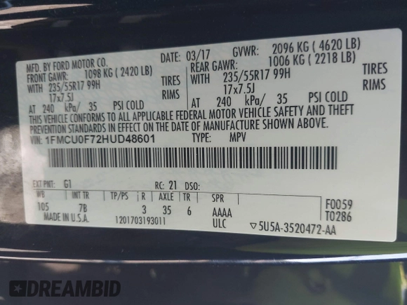 2017 Ford Escape S with VIN 1FMCU0F72HUD48601, listed as a IAAI auction lot 42511659 with 157,244 mi miles and . Bid and sale history available at DreamBid. Image 9.