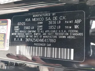 2021 Kia Rio S with VIN 3KPA25AD4ME417860, listed as a IAAI auction lot 41841053 with 58,530 mi miles and . Bid and sale history available at DreamBid. Image 9.