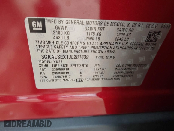 2018 GMC Terrain Denali with VIN 3GKALSEX1JL281439, listed as a IAAI auction lot 42193402 with 97,563 mi miles and . Bid and sale history available at DreamBid. Image 9.