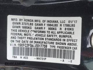 2017 Honda Civic LX with VIN 19XFC2F58HE017759, listed as a IAAI auction lot 42458474 with 111,588 mi miles and . Bid and sale history available at DreamBid. Image 9.