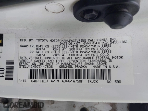 2007 Toyota Tacoma with VIN 5TELU42N97Z447826, listed as a IAAI auction lot 41862267 with 194,545 mi miles and . Bid and sale history available at DreamBid. Image 9.