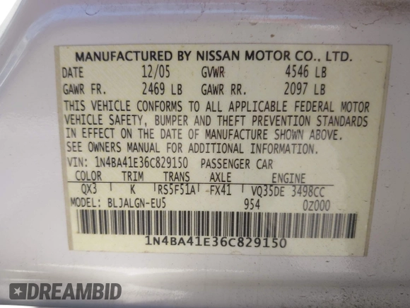 2006 Nissan Maxima SE z VIN 1N4BA41E36C829150, wystawiony jako IAAI lot #42125428 z przebiegiem Nie podano mil oraz . Historia ofert i sprzedaży dostępna na DreamBid. Obrazek 9.