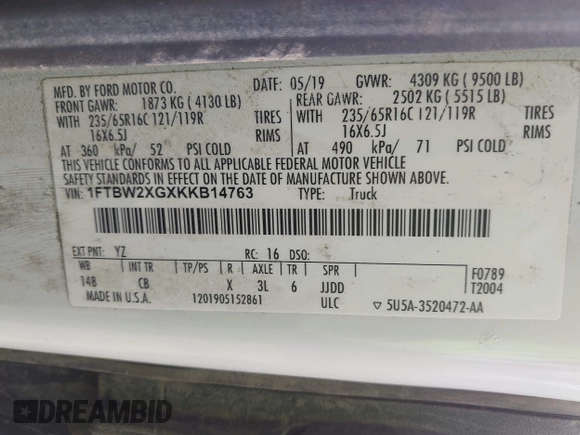 2019 Ford Transit with VIN 1FTBW2XGXKKB14763, listed as a IAAI auction lot 41924696 with 58,122 mi miles and . Bid and sale history available at DreamBid. Image 9.