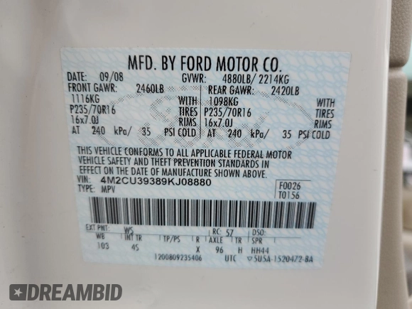 2009 Mercury Mariner Hybrid with VIN 4M2CU39389KJ08880, listed as a Copart auction lot 43757955 with 178,382 mi miles and Salvage title. Bid and sale history available at DreamBid. Image 13.