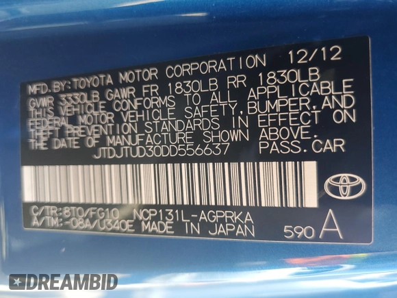 2013 Toyota Yaris L with VIN JTDJTUD30DD556637, listed as a Copart auction lot 73352364 with 85,178 mi miles and Salvage Title. Bid and sale history available at carsss.com. Image 13.