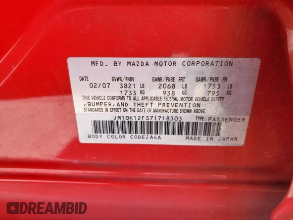 2007 Mazda 3 i Sport with VIN JM1BK12F371718303, listed as a Copart auction lot 54241175 with 197,175 mi miles and Salvage Title. Bid and sale history available at DreamBid. Image 12.