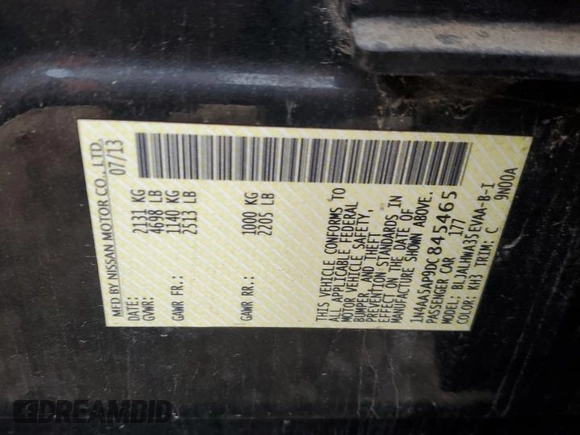 2013 Nissan Maxima S with VIN 1N4AA5AP9DC845465, listed as a Copart auction lot 47949435 with 73,058 mi miles and Salvage Title. Bid and sale history available at DreamBid. Image 12.