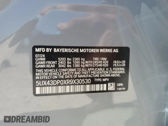 2024 BMW X3 sDrive30i z VIN 5UX43DP0XR9X30530, wystawiony jako Copart lot #53082015 z przebiegiem 10 748 mil mil oraz Szkoda całkowita • Salvage title. Historia ofert i sprzedaży dostępna na DreamBid. Obrazek 13.