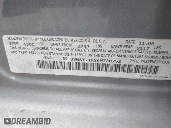 2006 Volkswagen Jetta 1.9L TDI with VIN 3VWST71K26M720752, listed as a IAAI auction lot 42266404 with 127,869 mi miles and . Bid and sale history available at DreamBid. Image 9.