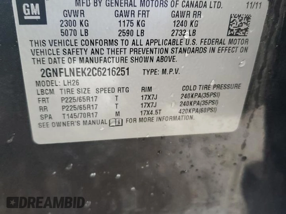 2012 Chevrolet Equinox LT w/2LT with VIN 2GNFLNEK2C6216251, listed as a Copart auction lot 50855785 with 123,392 mi miles and Salvage Title. Bid and sale history available at carsss.com. Image 13.
