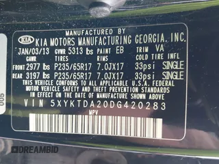 2013 Kia Sorento LX z VIN 5XYKTDA20DG420283, wystawiony jako IAAI lot #42528439 z przebiegiem 140 891 mil mil oraz . Historia ofert i sprzedaży dostępna na DreamBid. Obrazek 9.