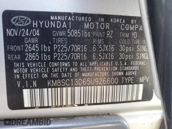 2005 Hyundai Santa Fe GLS with VIN KM8SC13D65U926600, listed as a Copart auction lot 85378354 with 86,781 mi miles and Clean Title. Bid and sale history available at carsss.com. Image 12.
