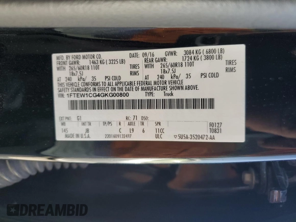 2016 Ford F-150 XL with VIN 1FTEW1CG4GKG00800, listed as a Copart auction lot 59311115 with Not provided miles and Salvage title. Bid and sale history available at DreamBid. Image 12.