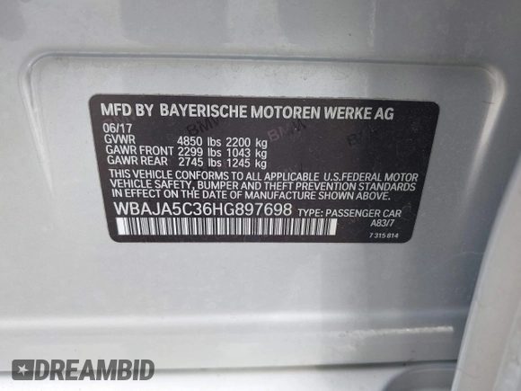 2017 BMW 5 Series 530i with VIN WBAJA5C36HG897698, listed as a IAAI auction lot 42366101 with 69,407 mi miles and . Bid and sale history available at DreamBid. Image 9.