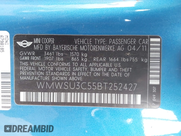 2011 MINI Hardtop with VIN WMWSU3C55BT252427, listed as a IAAI auction lot 42118852 with 151,077 mi miles and . Bid and sale history available at DreamBid. Image 9.