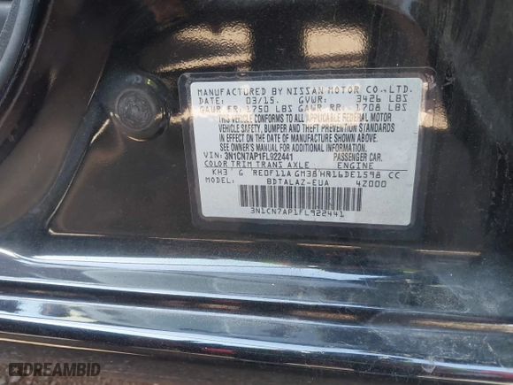 2015 Nissan Versa SV with VIN 3N1CN7AP1FL922441, listed as a IAAI auction lot 41767174 with 95,840 mi miles. Bid and sale history available at carsss.com. Image 9.