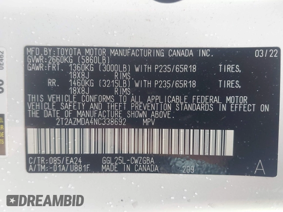 2022 Lexus RX 350 with VIN 2T2AZMDA4NC338692, listed as a IAAI auction lot 42338773 with 45,539 mi miles and . Bid and sale history available at DreamBid. Image 9.