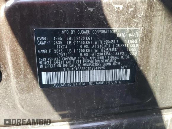 2019 Subaru Outback with VIN 4S4BSABC4K3343925, listed as a Copart auction lot 56454915 with 80,100 mi miles and Salvage title. Bid and sale history available at DreamBid. Image 12.