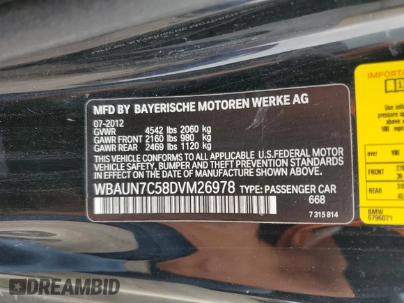 2013 BMW 1 Series 135i with VIN WBAUN7C58DVM26978, listed as a Copart auction lot 77974834 with 0 mi miles and Clean Title. Bid and sale history available at carsss.com. Image 12.