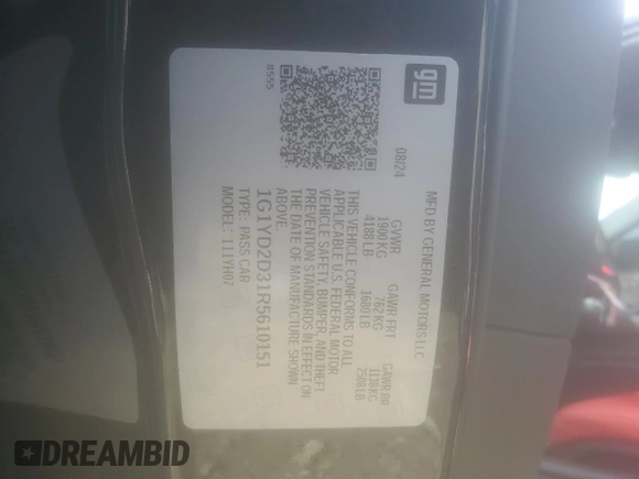 2024 Chevrolet Corvette 1LZ with VIN 1G1YD2D31R5610151, listed as a Copart auction lot 45017255 with 765 mi miles and Salvage Title. Bid and sale history available at DreamBid. Image 12.