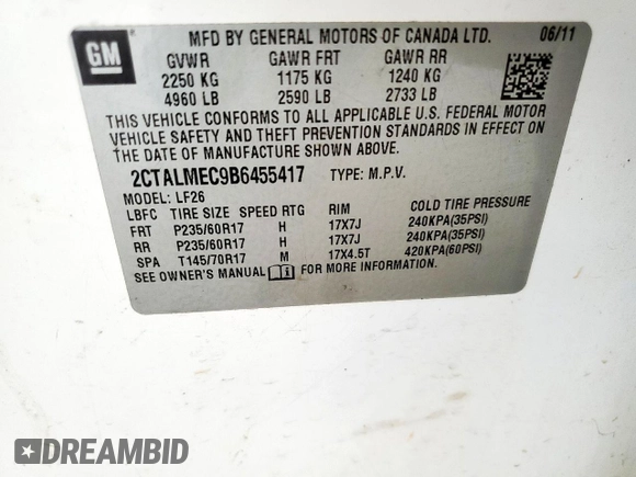 2011 GMC Terrain SLE-1 with VIN 2CTALMEC9B6455417, listed as a Copart auction lot 58839665 with 204,171 mi miles and Clean title. Bid and sale history available at DreamBid. Image 14.